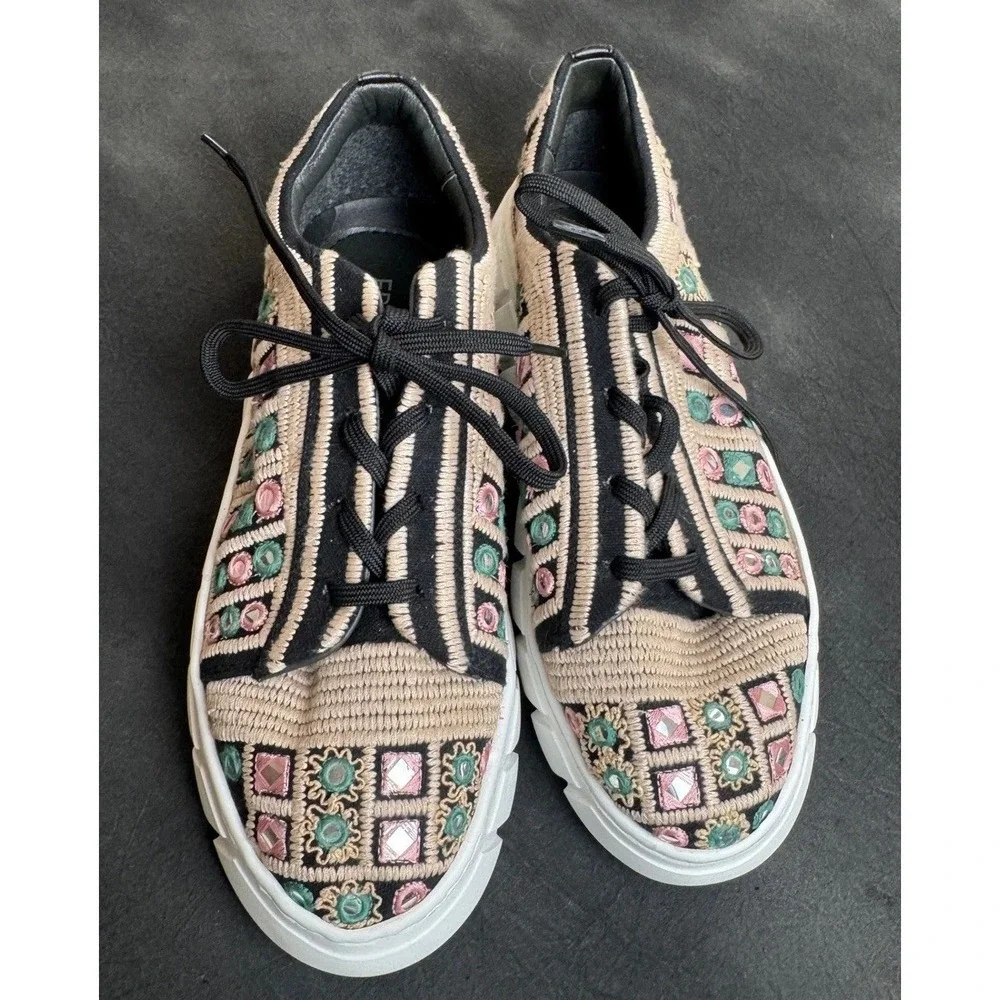 Free People Embroidered Mirror Sneakers Tan Black Multi Boho Platform 38